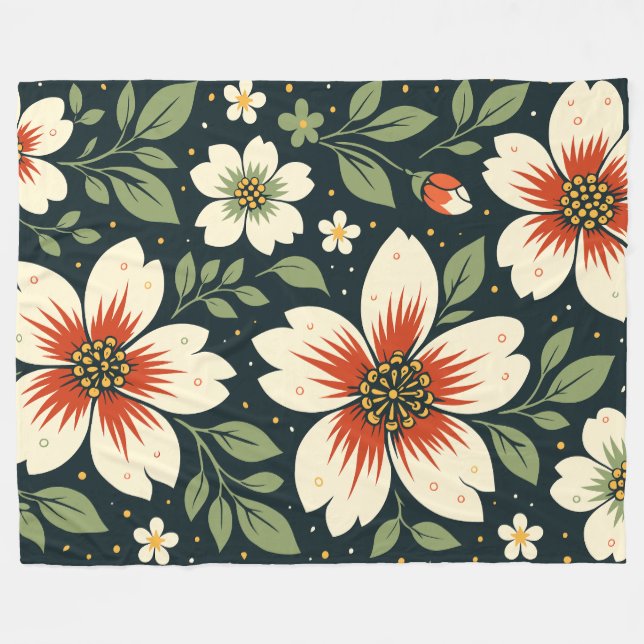 Cobertor De Velo Cream Flowers with Red Centers & Green Leaves (Frente (Horizontal))