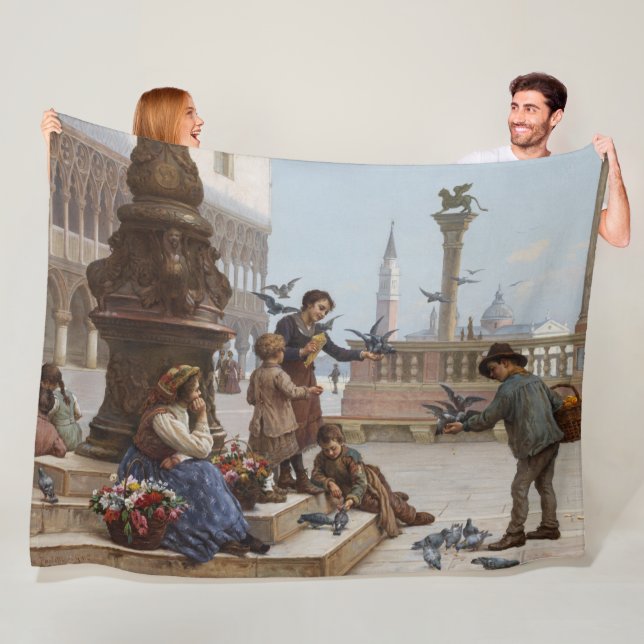 Cobertor De Velo Crianças alimentando pombos em Veneza (por Paolett (In Situ)