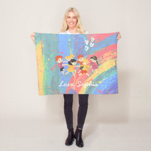 Cobertor De Velo Crianças felizes e Rainbow Fleece Blanket