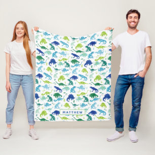Cobertor De Velo Crianças Personalizadas Dinossauro Azul, Branco V