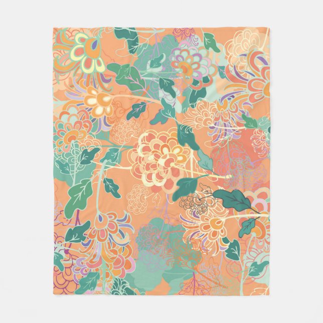 Cobertor De Velo crisântemo chinês: padrão laranja floral. (Frente)