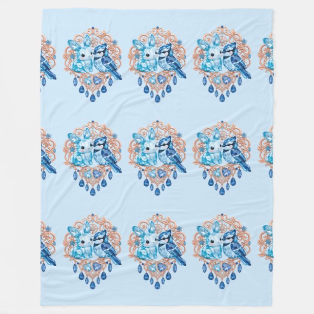 Cobertor De Velo Crystal Blue Bunny and Blue Jay Heart (Frente)