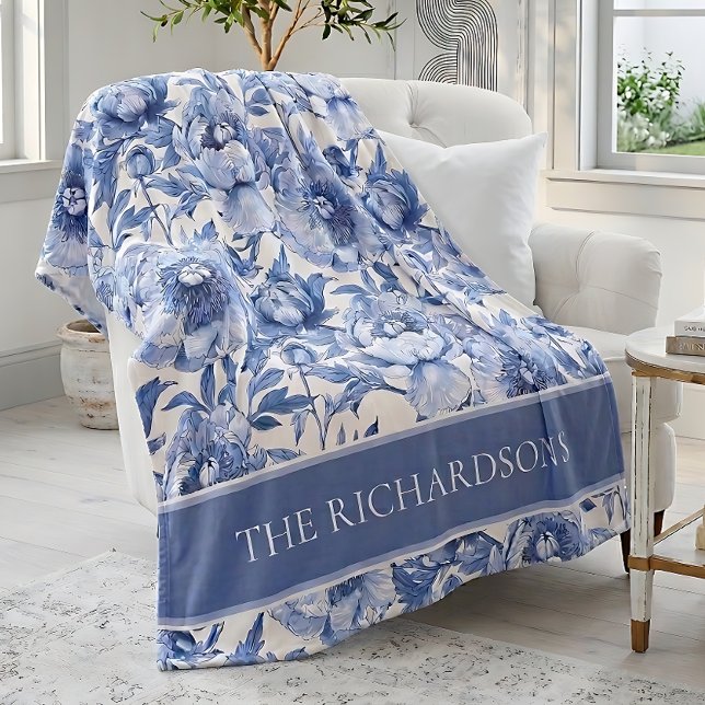 Cobertor De Velo Custom Blue and White Chinoiserie Floral Pattern (Custom Blue and White Chinoiserie Floral Pattern Fleece Blanket)