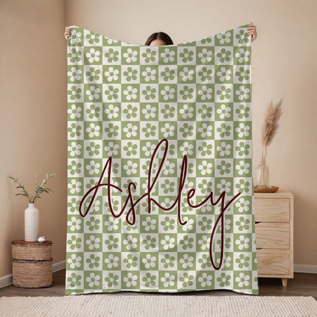 Cobertor De Velo Custom Floral Checkered Blanket Gift for Mom, Girl (Custom Khaki Checkered Blanket Baby Shower & Birthday Gift, Custom Cozy Floral Blanket Gift for Mom)