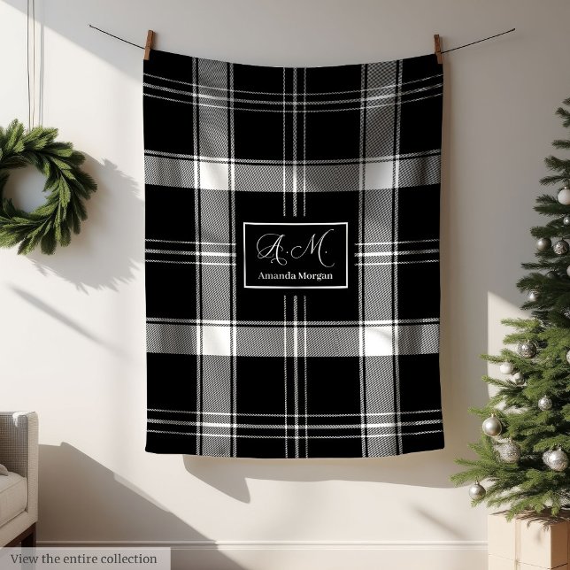 Cobertor De Velo Custom Name Black White Buffalo Plaid Men's Gift (Custom Name Black White Buffalo Plaid Men's Gift Blanket)