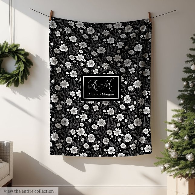 Cobertor De Velo Custom Name Blanket Elegant Wildflower Black White (Custom Name Blanket Elegant Wildflower Black White)