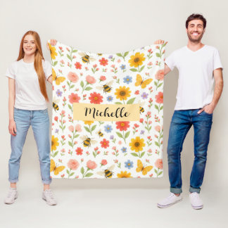 Cobertor De Velo Custom Name Floral Bee Blanket