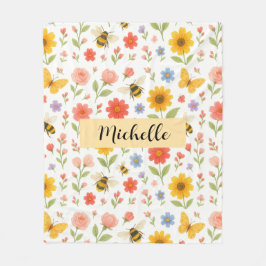 Cobertor De Velo Custom Name Floral Bee Blanket