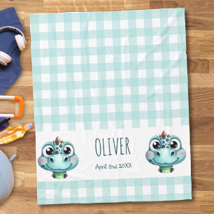 Cobertor De Velo Cute Baby Dino Gingham Nome Data de Nascimento