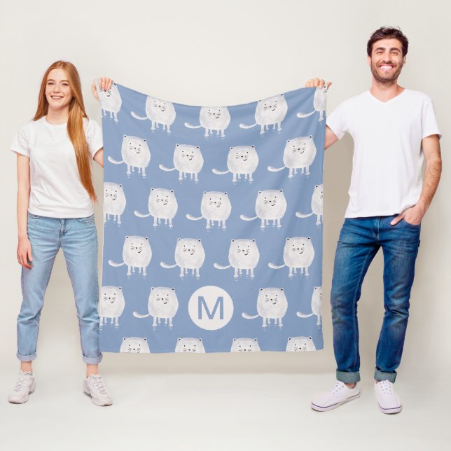 Cobertor De Velo Cute Bouncing White Cat Pattern Monogram Blue (In Situ)