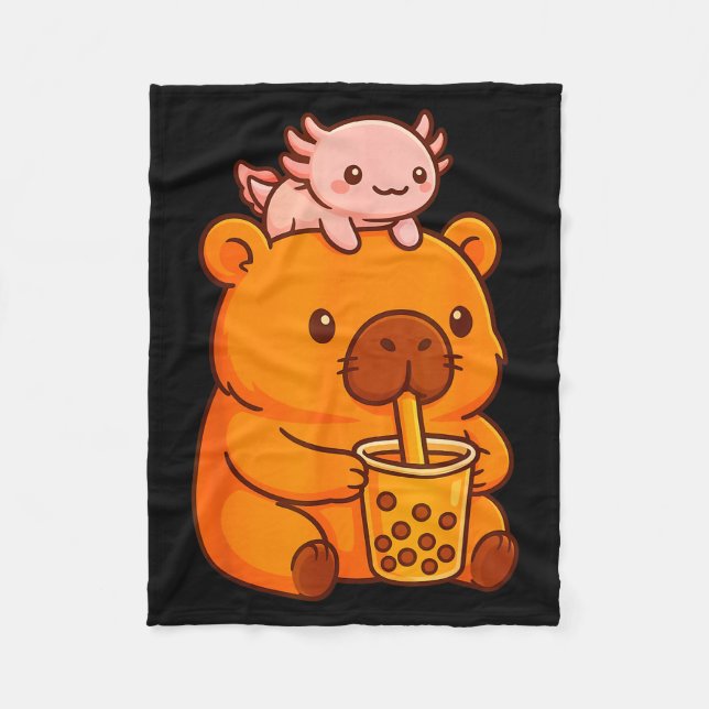 Cobertor De Velo Cute Capybara Drinking Bubble Tea And Axolotl Kawa (Frente)