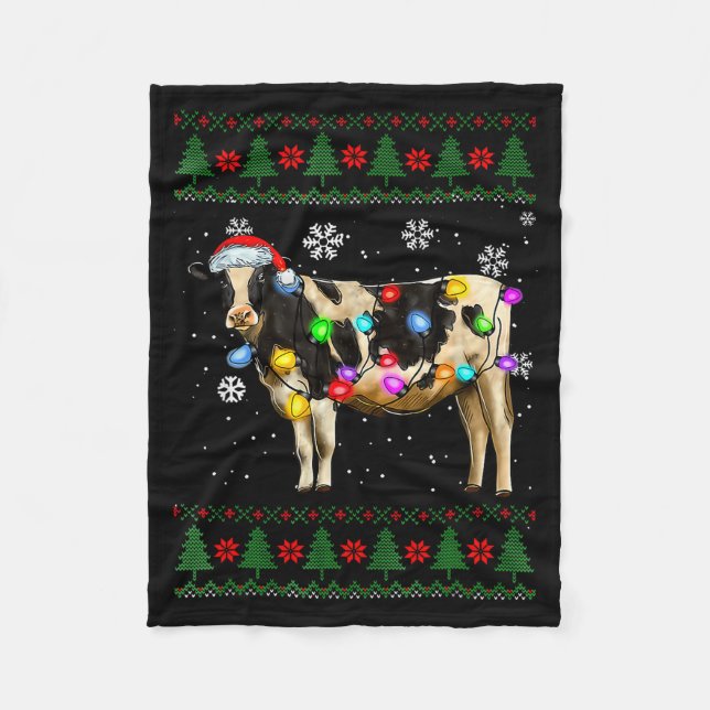 Cobertor De Velo Cute Cow Santa Christmas Lights Ugly Xmas Sweater  (Frente)