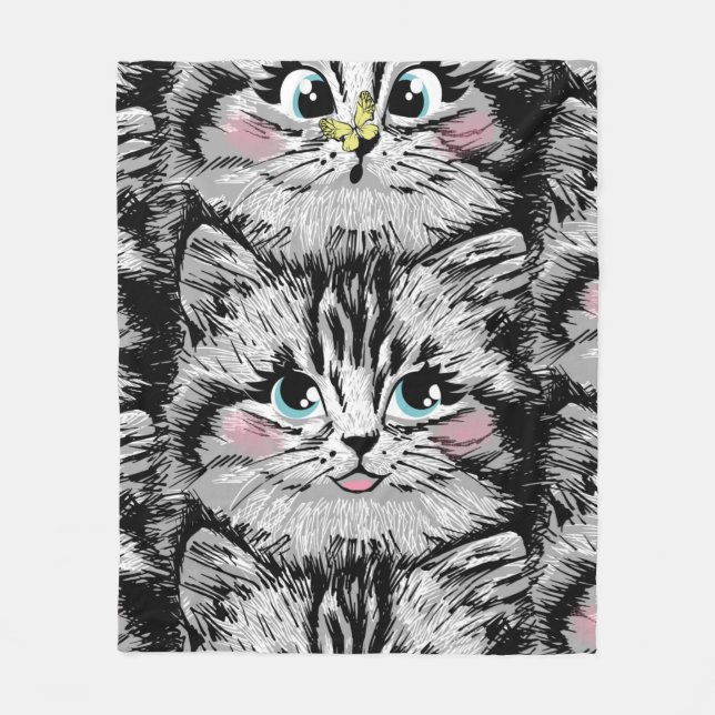 Cobertor De Velo Cute furry kitten face seamless pattern. Illustrat (Frente)