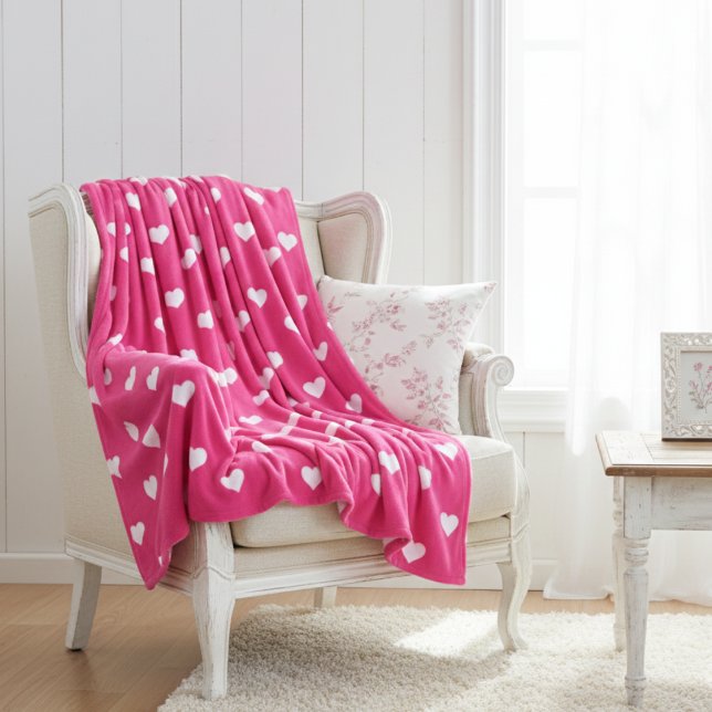 Cobertor De Velo Cute Hot Pink with White Hearts  (Cute Hot Pink with White Hearts Fleece Blanket)