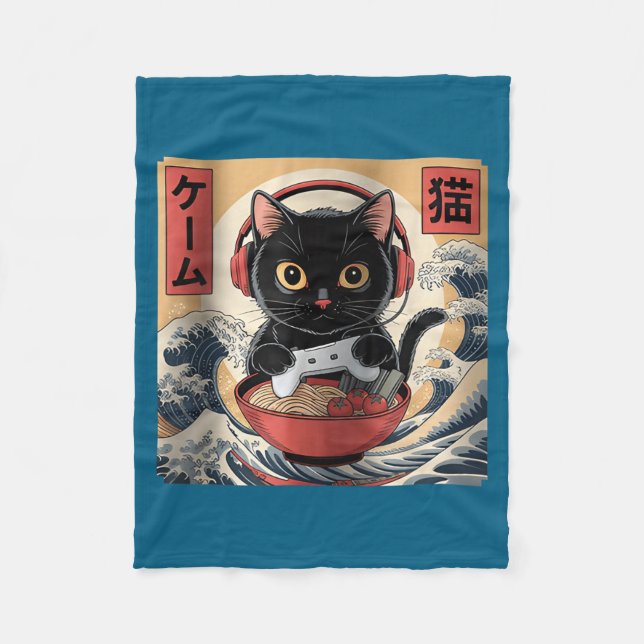 Cobertor De Velo Cute Kawaii Gamer Cat Funny Ramen Retro Japanese C (Frente)