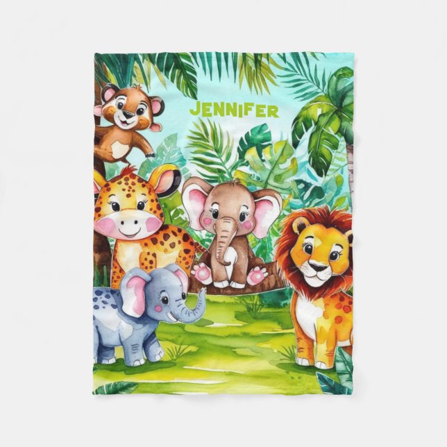 Cobertor De Velo Cute Kids Safari Selva Animal Personalizado Nome (Frente)