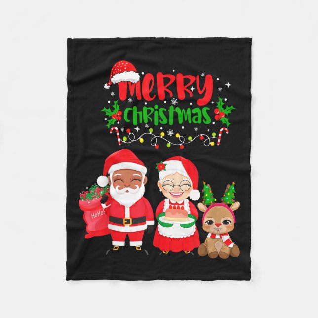 Cobertor De Velo Cute Melanin Santa &amp; Mrs Claus Interracial Fam (Frente)