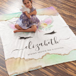 Cobertor De Velo Cute Name Pastel Rainbow Unicorn<br><div class="desc">Whimsical fleece blanket featuring pastel rainbow and gold glitter agate crystal edges,  a cute magical unicorn face with girly florals,  the childs name in a elegant calligraphy font,  and a personalized saying that can be deleted.</div>