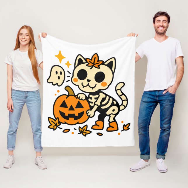 Cobertor De Velo Cute Skeleton Cat with Pumpkin Fleece Blanket (In Situ)