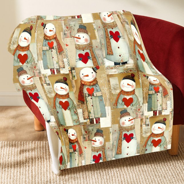 Cobertor De Velo Cute Whimsical Snowman Earth Love (Cute whimsical fleece blanket in earth tones featuring illustrations of snowmen carrying hearts)