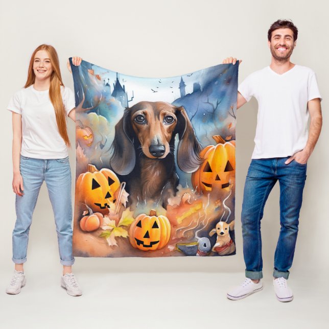 Cobertor De Velo Dachshund Halloween Com Pumpkins Assustado (In Situ)