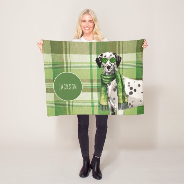 Cobertor De Velo Dalmatian on Green Plaid with Dog's Name (In Situ)