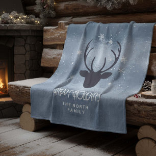 Cobertor De Velo Deer Antlers Silhouette & Snowflakes Blue ID861
