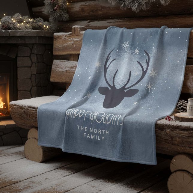 Cobertor De Velo Deer Antlers Silhouette & Snowflakes Blue ID861 (Criador carregado)