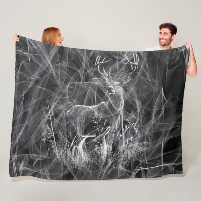 Cobertor De Velo Deer with antlers framed by field and tree   (In Situ)