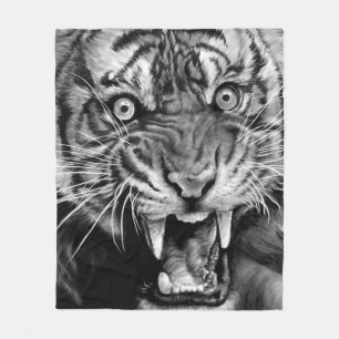Cobertor De Velo Desenho de um tigre selvagem em preto e branco, wh