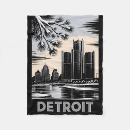 Cobertor De Velo Detroit Skyline Black and White Woodcut Winter