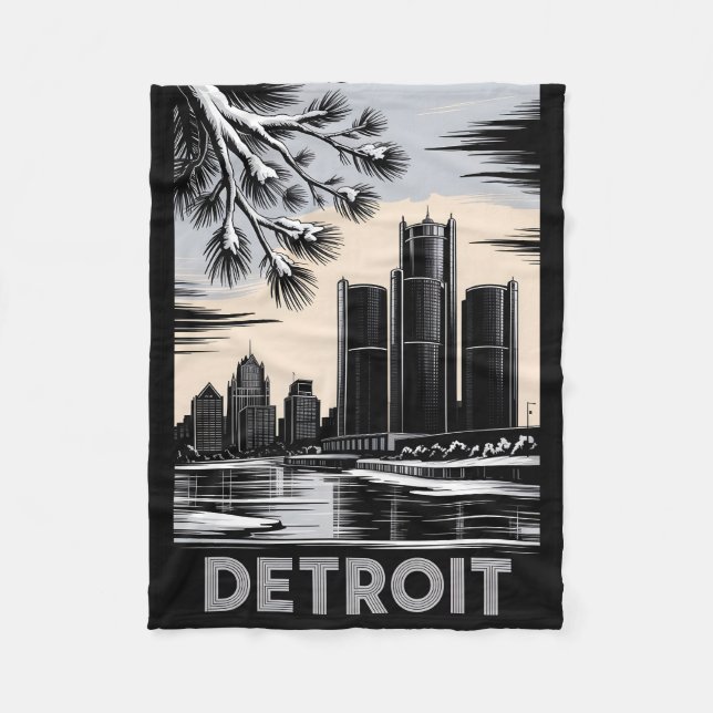 Cobertor De Velo Detroit Skyline Black and White Woodcut Winter (Frente)