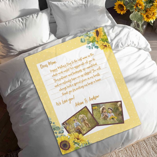 Cobertor De Velo Dia de as mães Sunflower Love - Letra Photo Keepsa (A pretty yellow sunflower photo blanket with a note to Mom. Makes a great Mothers Day gift.)