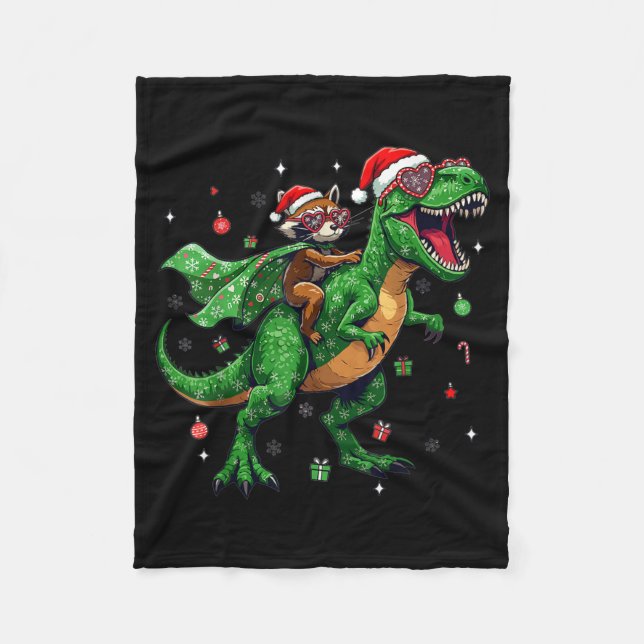 Cobertor De Velo Dinosaur Christmas T Rex Raccoon Santa Holiday  (Frente)