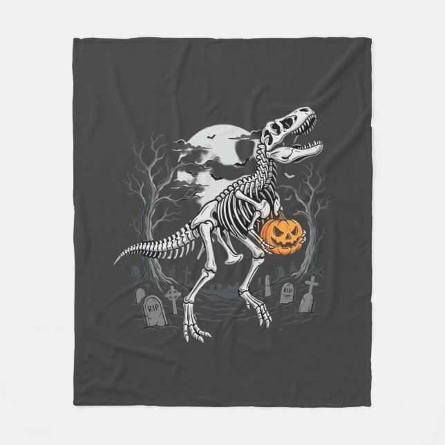 Cobertor De Velo Dinosaur Esqueleto Halloween Abóbora Cemitério Des (Frente)