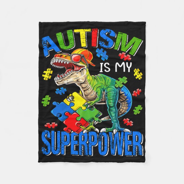 Cobertor De Velo Dinossaur Rex Autism É Meu Superpoder Autismo Awar (Frente)