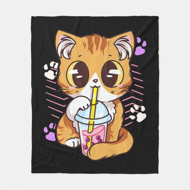 Cobertor De Velo Diversão Kawaii Cute Cat Boba Bubble milk Tea Anim (Frente)