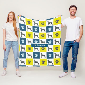 Cobertor De Velo Doberman Pinscher Dog & Paw Print Yellow Grid