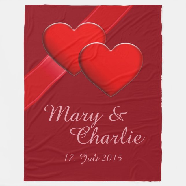 Cobertor De Velo Dois Corações Vermelhos + Seu Nome e Data (Frente)