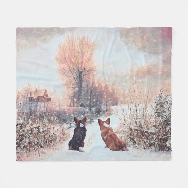 Cobertor De Velo Dois Corgis na neve (Frente (Horizontal))
