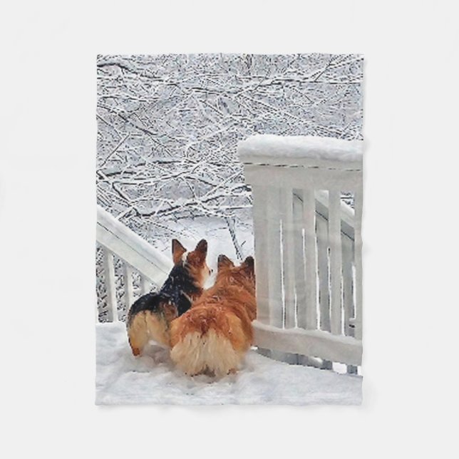 Cobertor De Velo Dois Corgis na neve (Frente)
