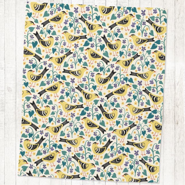 Cobertor De Velo Dourado e Flor de Pássaro Violeta de Madeira (Willow Goldfinch bird wood violet flower arts and crafts block print style fleece blanket)