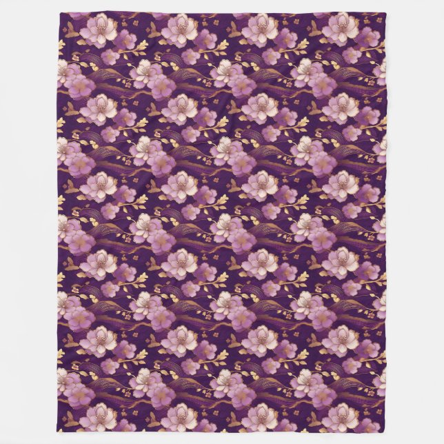 Cobertor De Velo Dourado e Roxo Floral Asiático (Frente)