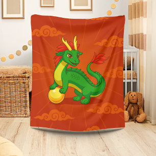 Cobertor De Velo Dragão Chinês Verde no Vermelho