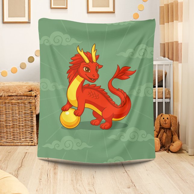 Cobertor De Velo Dragão Chinês Vermelho no Verde (Criador carregado)