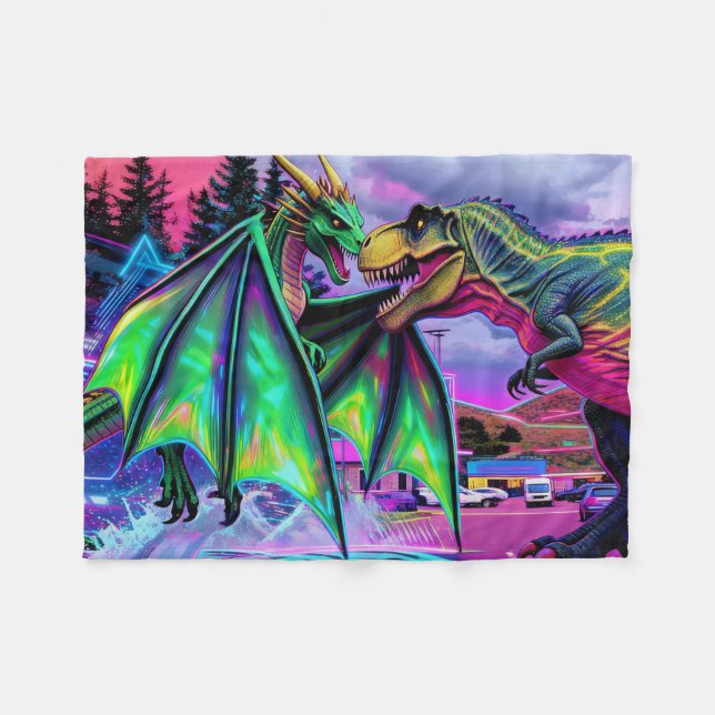 Cobertor De Velo Dragão Verde vs Dinossauro (Frente (Horizontal))