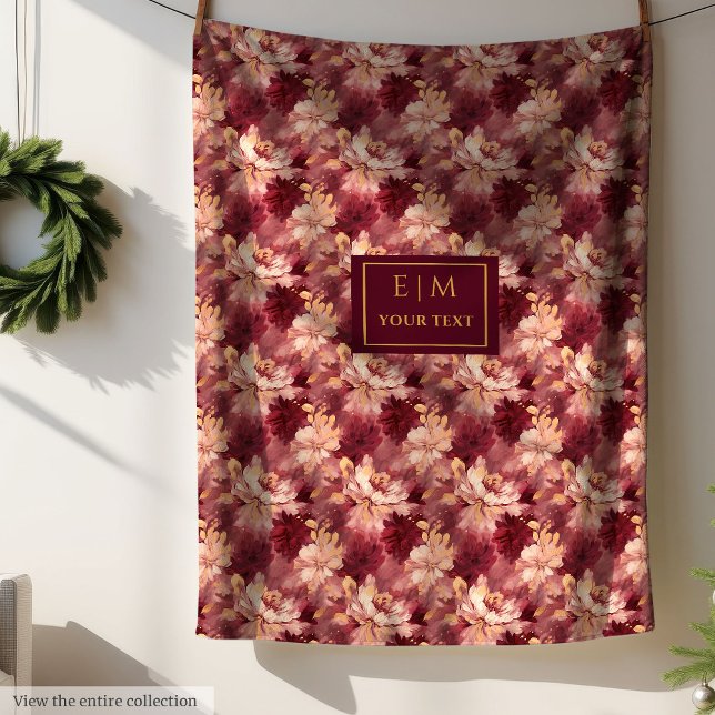 Cobertor De Velo Dreamush Blush Burgundy Dourado Personalizado Flor (Dreamy Blush Burgundy Gold Personalized Floral Fleece Blanket )