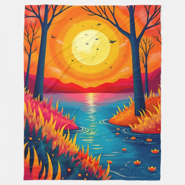 Cobertor De Velo Dreamy Vibrant Sunset Lake Forest Illustration (Frente)