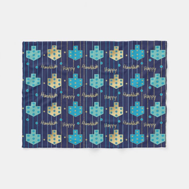 Cobertor De Velo Dreidels em Blue Hanukkah Fleece Blanket (Frente (Horizontal))
