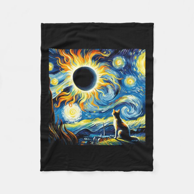 Cobertor De Velo Eclipse Solar Total 2024 Van Gogh Starry Night Cat (Frente)